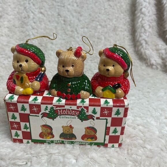New in Box set of 3PC  ceramic Bear Bell Ornament Red ,Green & Tan colors - Picture 8 of 12